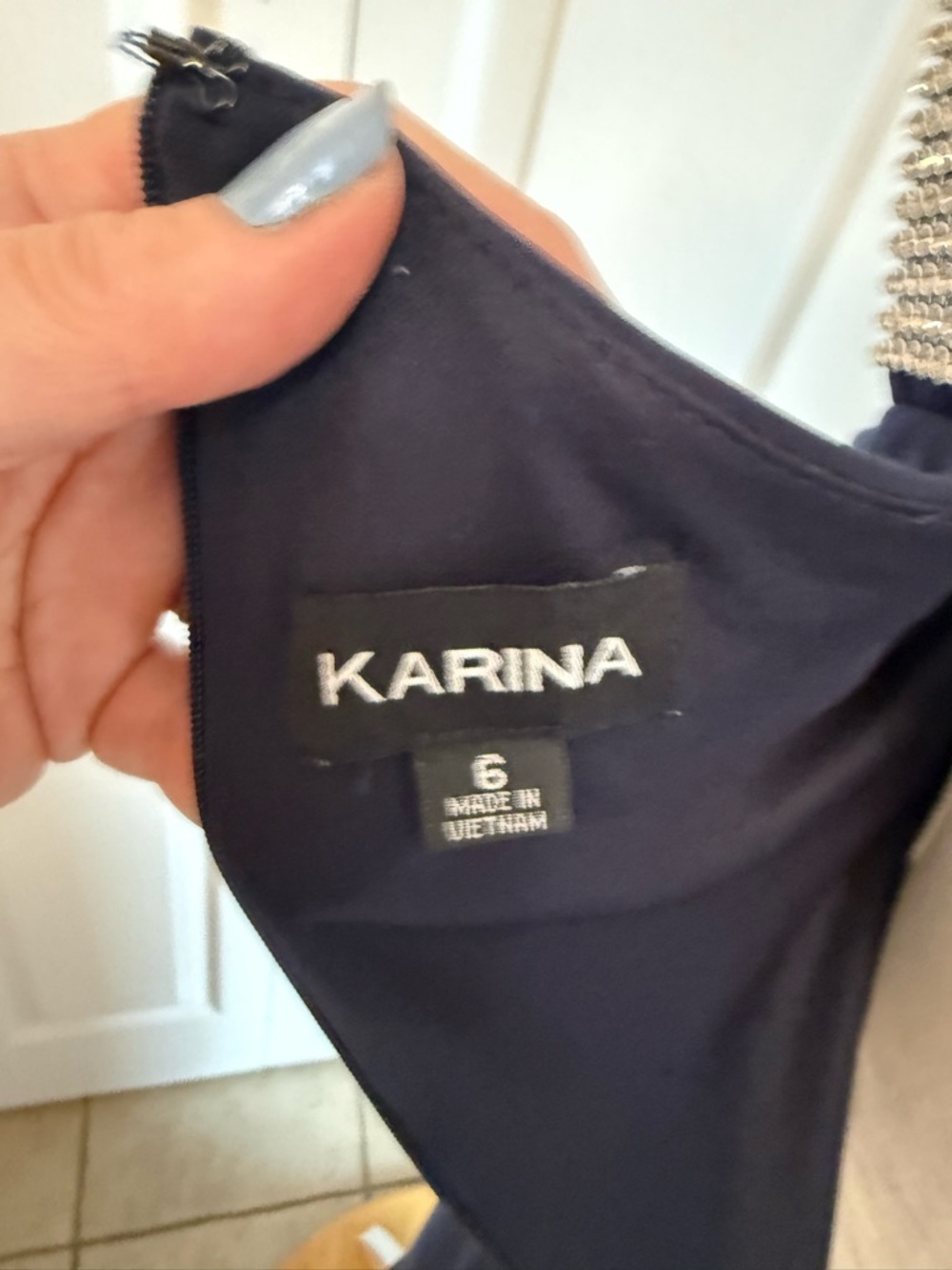 Karina Navy One-Shoulder Evening Gown with Crystal Strap - Picture 12 of 12